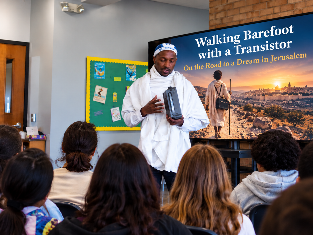 Alevel Samuel holding a transistor during a talk